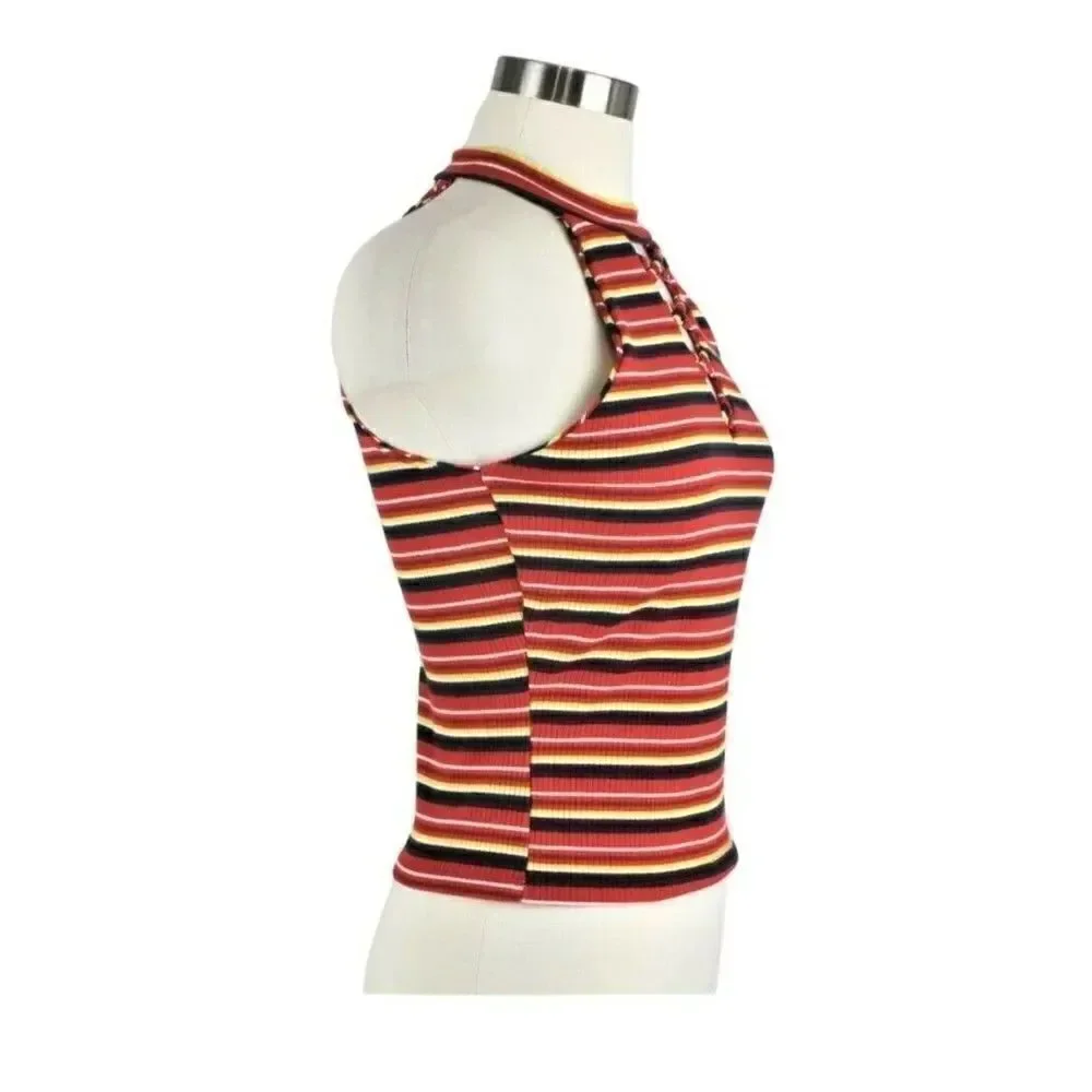 Halter Top Cropped Sleeveless Ribbed Knit Pullover Striped Orange Juniors LG